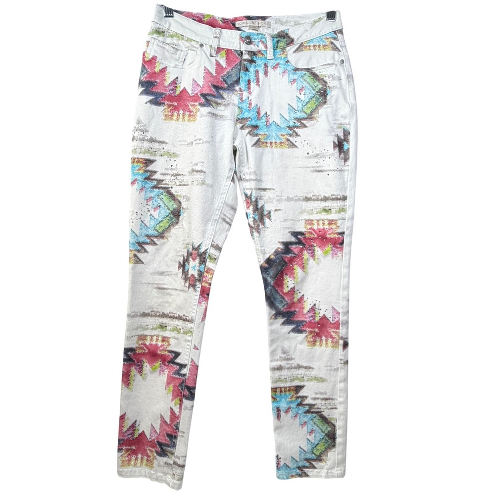 Boston Proper Stretch Jeans Womens 4 Aztec Southwestern Print White Denim